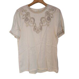 Escada Margaretha Ley Silk Button Up Blouse Tan And‎ Ivory Swirls Sz 36